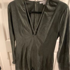 Suede Romper With Long V Neck